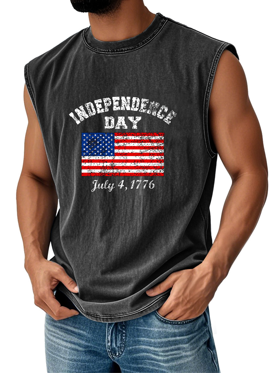 Men's Retro Everyday Independence Day Flag Print Casual Round Neck Sleeveless Vest