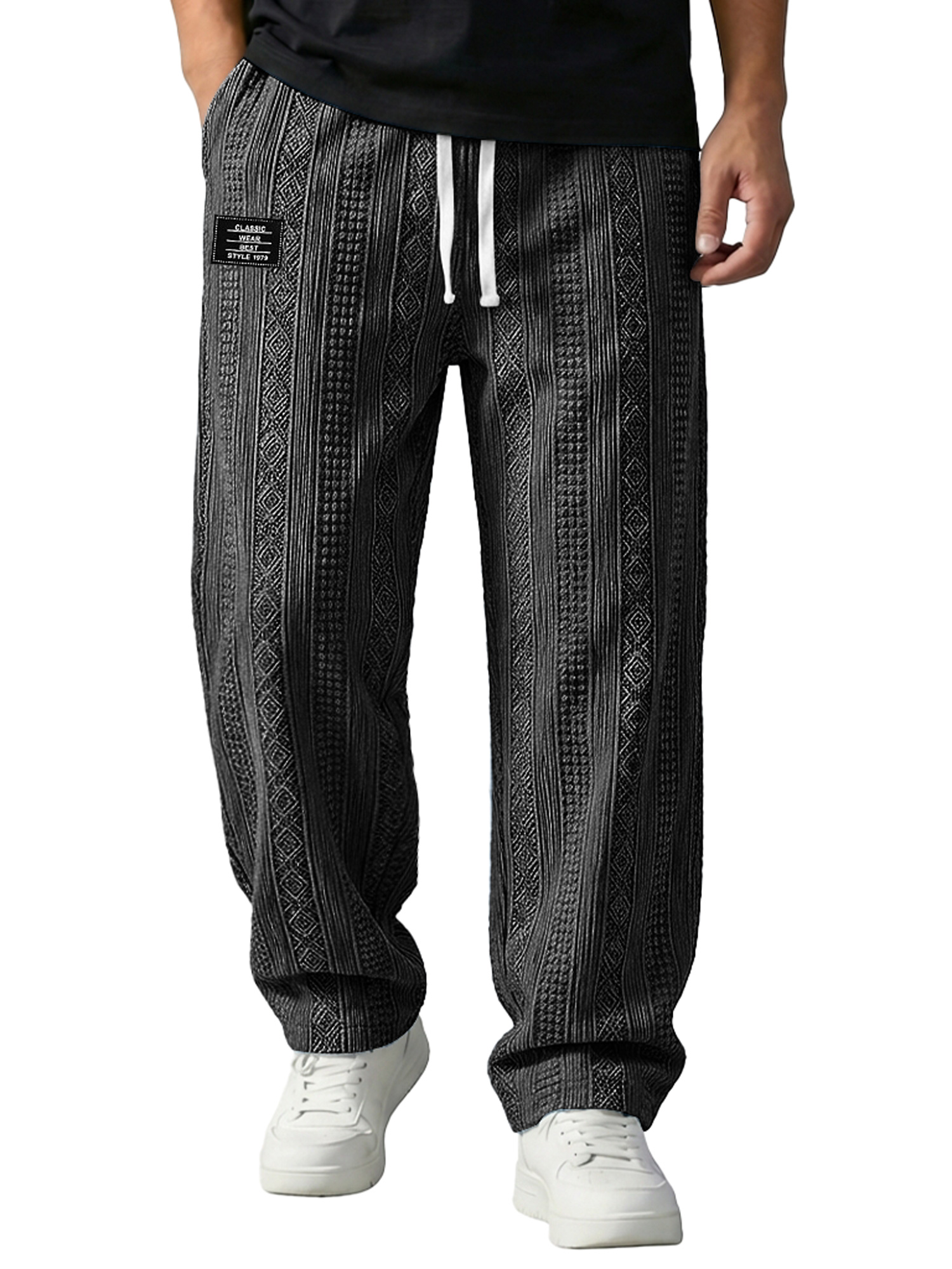 Men's Jacquard Textured Embroidered Logo Casual Loose-fitting Trousers With Elastic Waistband