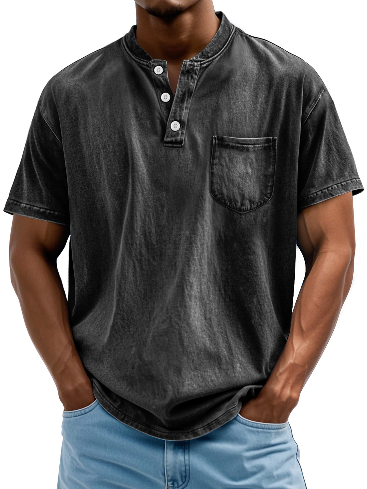 Men's Retro Stand Collar Pocket Casual Solid Color Short Sleeve Henley Shirt