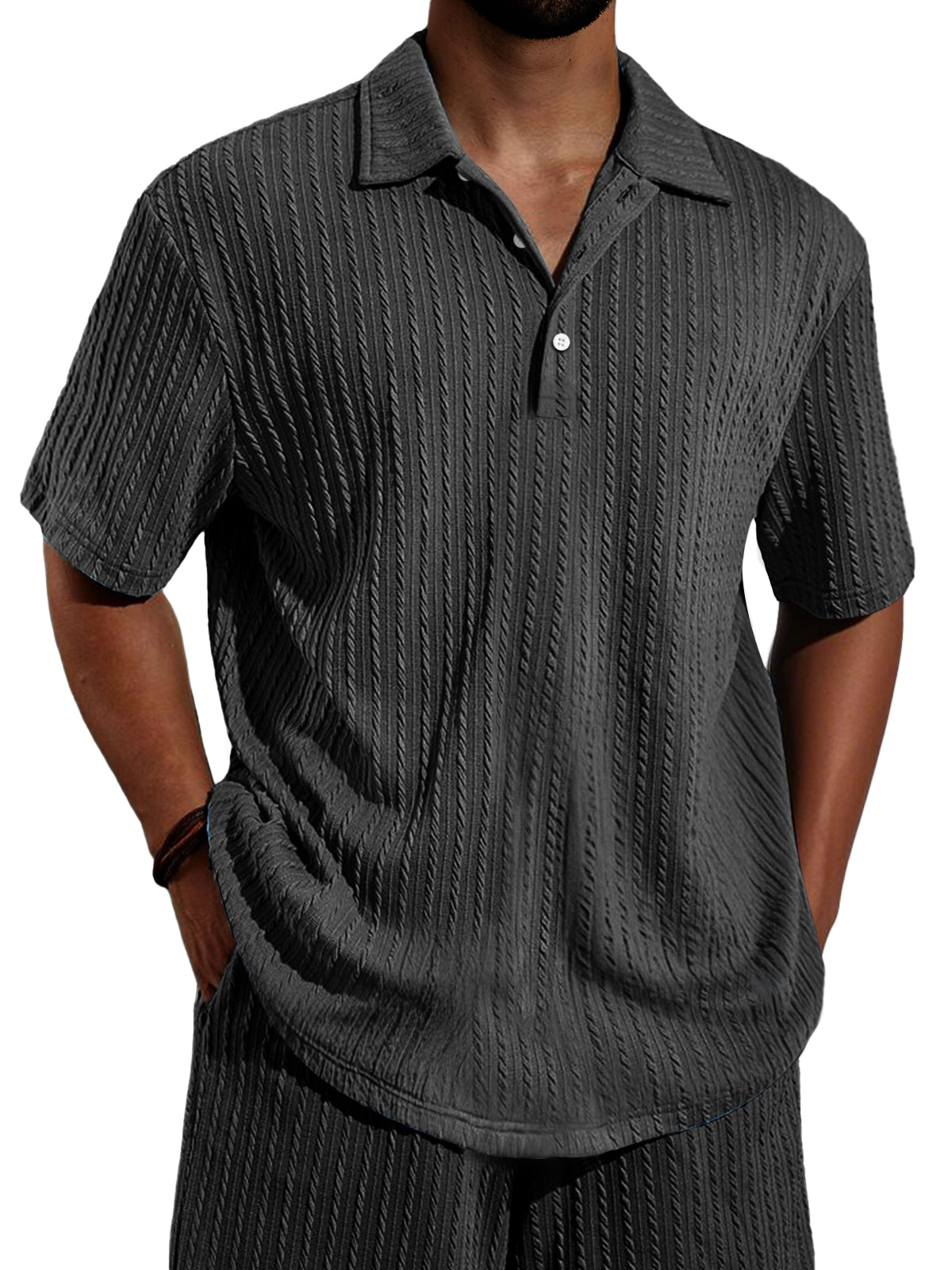 Men's Daily Jacquard Texture Casual Lapel Button Short-sleeved Polo Shirt