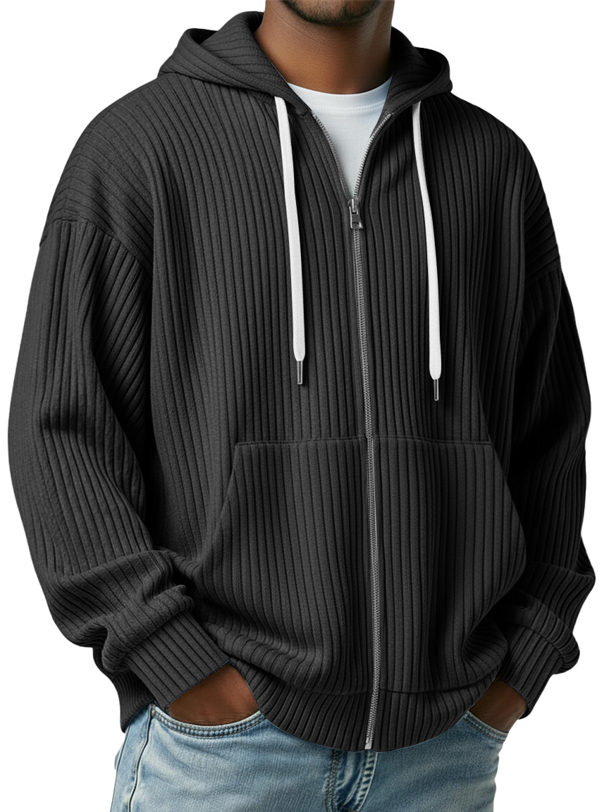 Men's Simple Ribbed Zipper Casual Hooded Jacket
