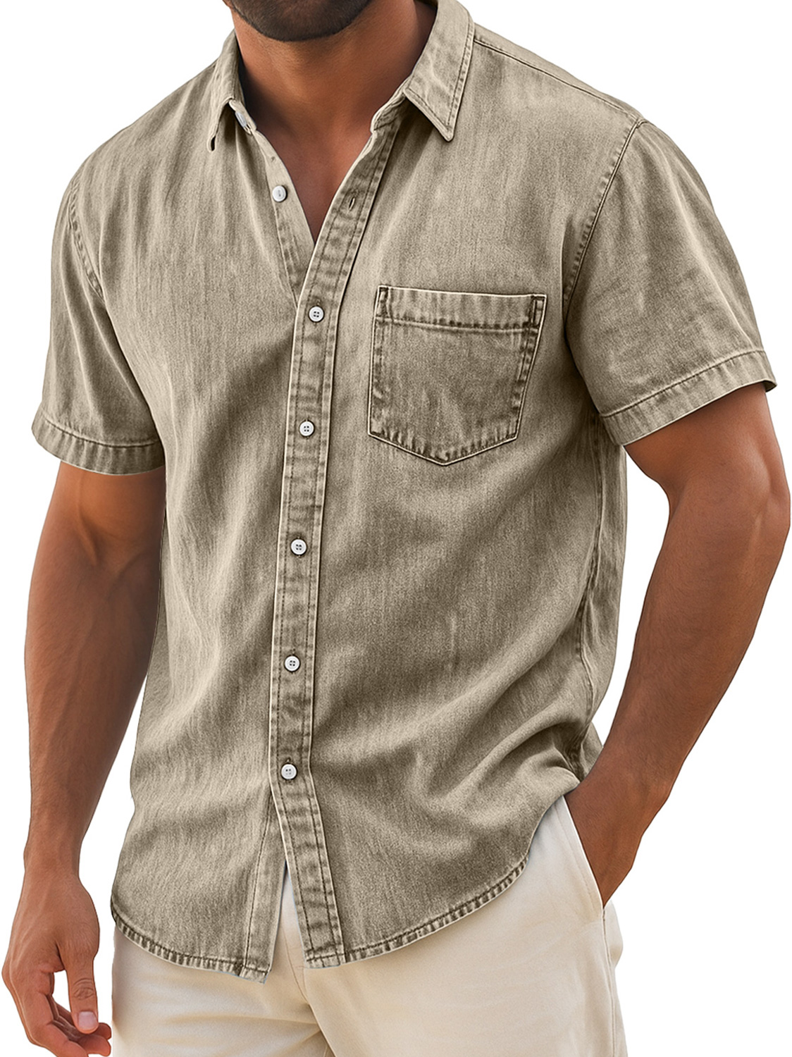 Men's Retro Casual Lapel Pocket Solid Color Short Sleeve Shirt