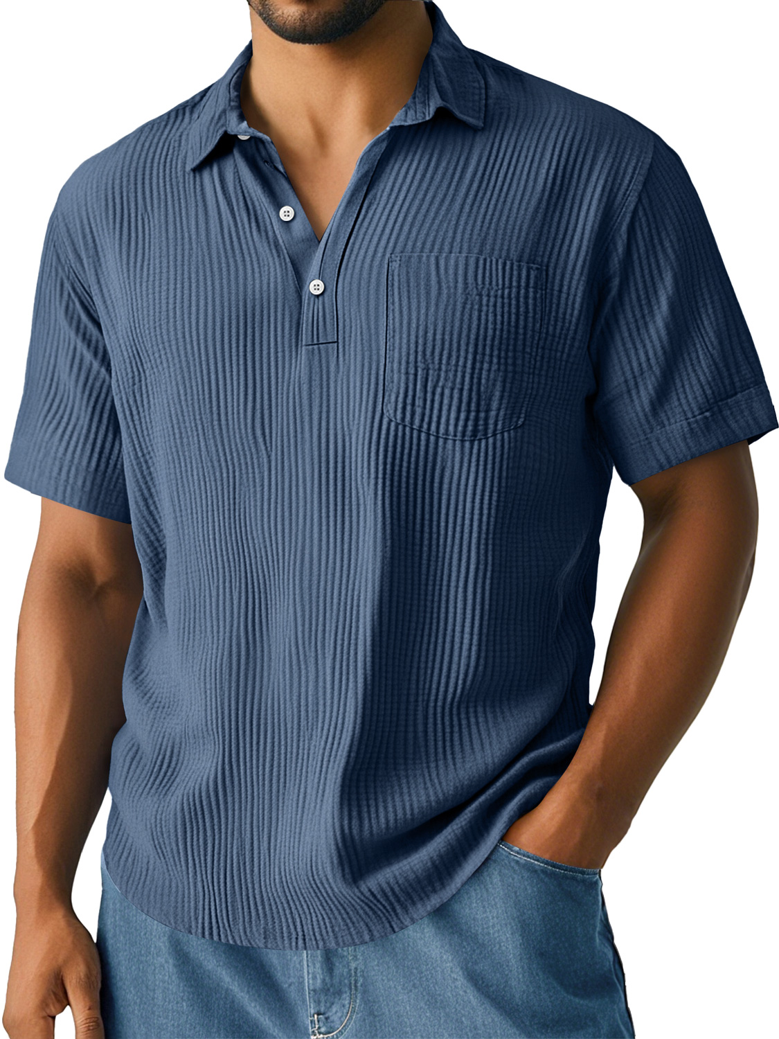Men's Daily Pleated Texture Lapel Pocket Casual Short-sleeved Polo Shirt