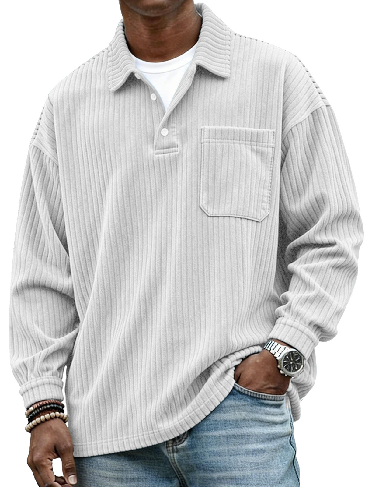  Stylish Casual Loose Corduroy Fabric Lapel Pockets Long-sleeved Polo Shirt 