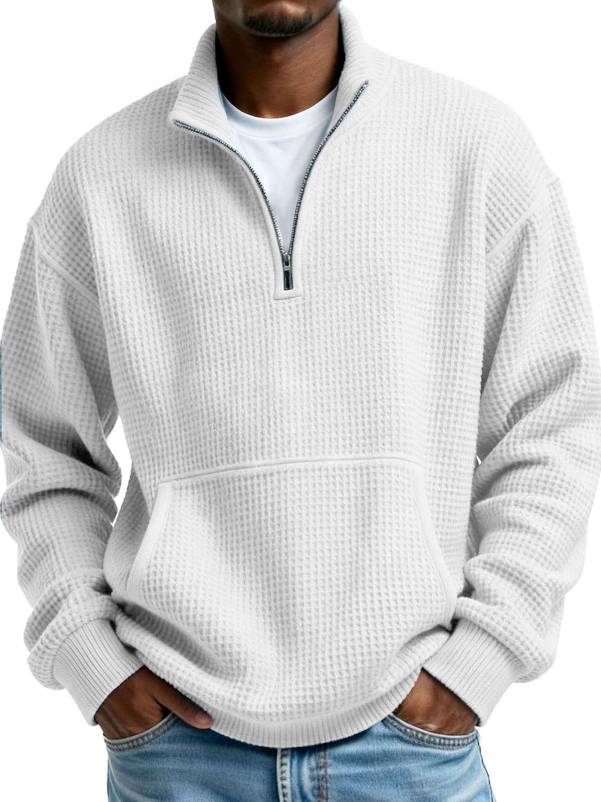 Men's Clothing Fashionable Casual Pit Strip Fabric Upright Collar Zipper Pockets Long-sleeved Hoodie