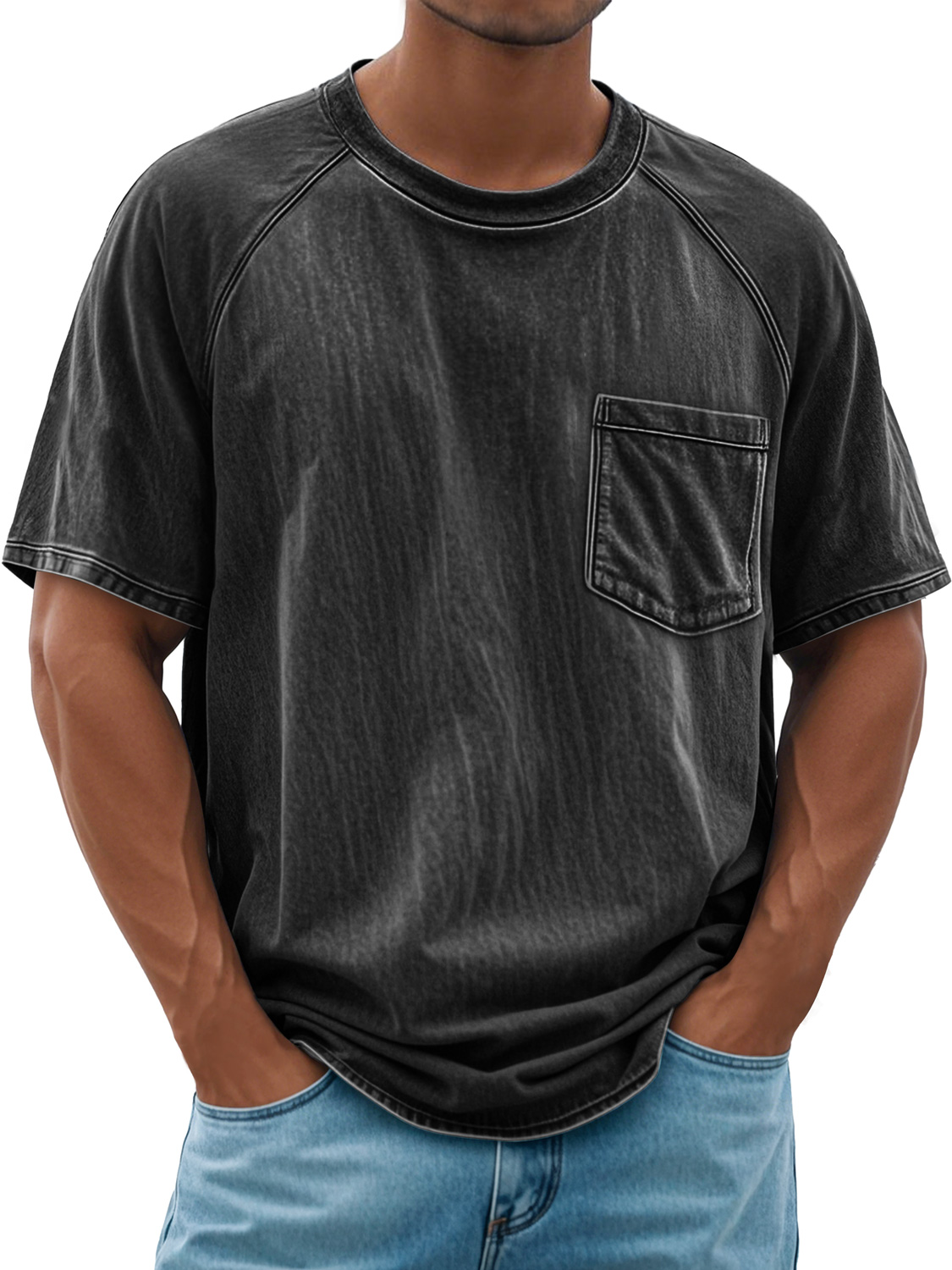 Men's Retro Round Neck Raglan Pocket Casual Short Sleeve T-Shirt