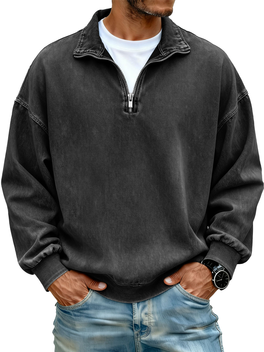 Men's Retro Stand Collar Zipper Casual Loose Sweatshirt