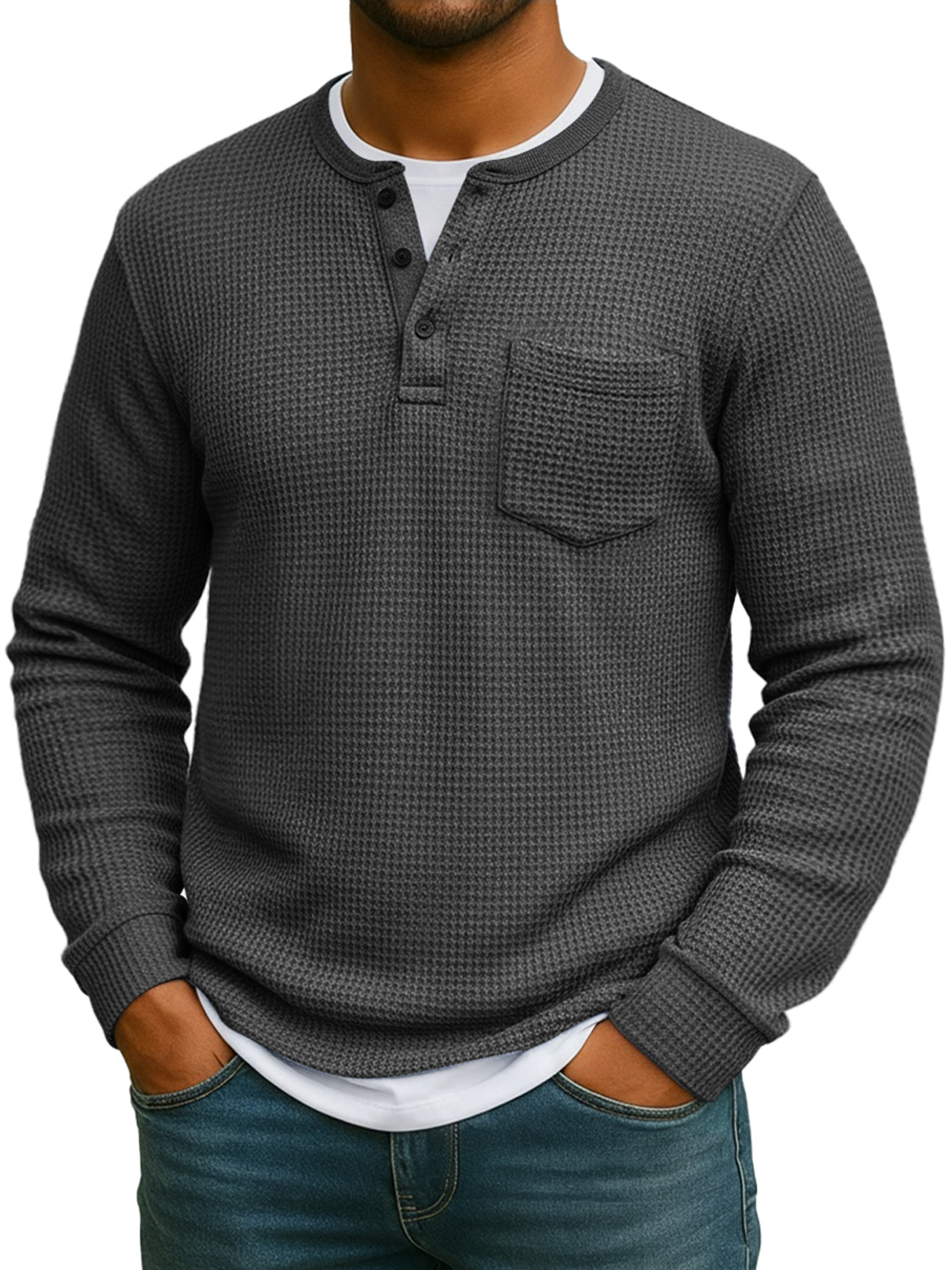 Men's Everyday Waffle Fake Two-Piece Casual Pocket Long Sleeve Henley Shirt