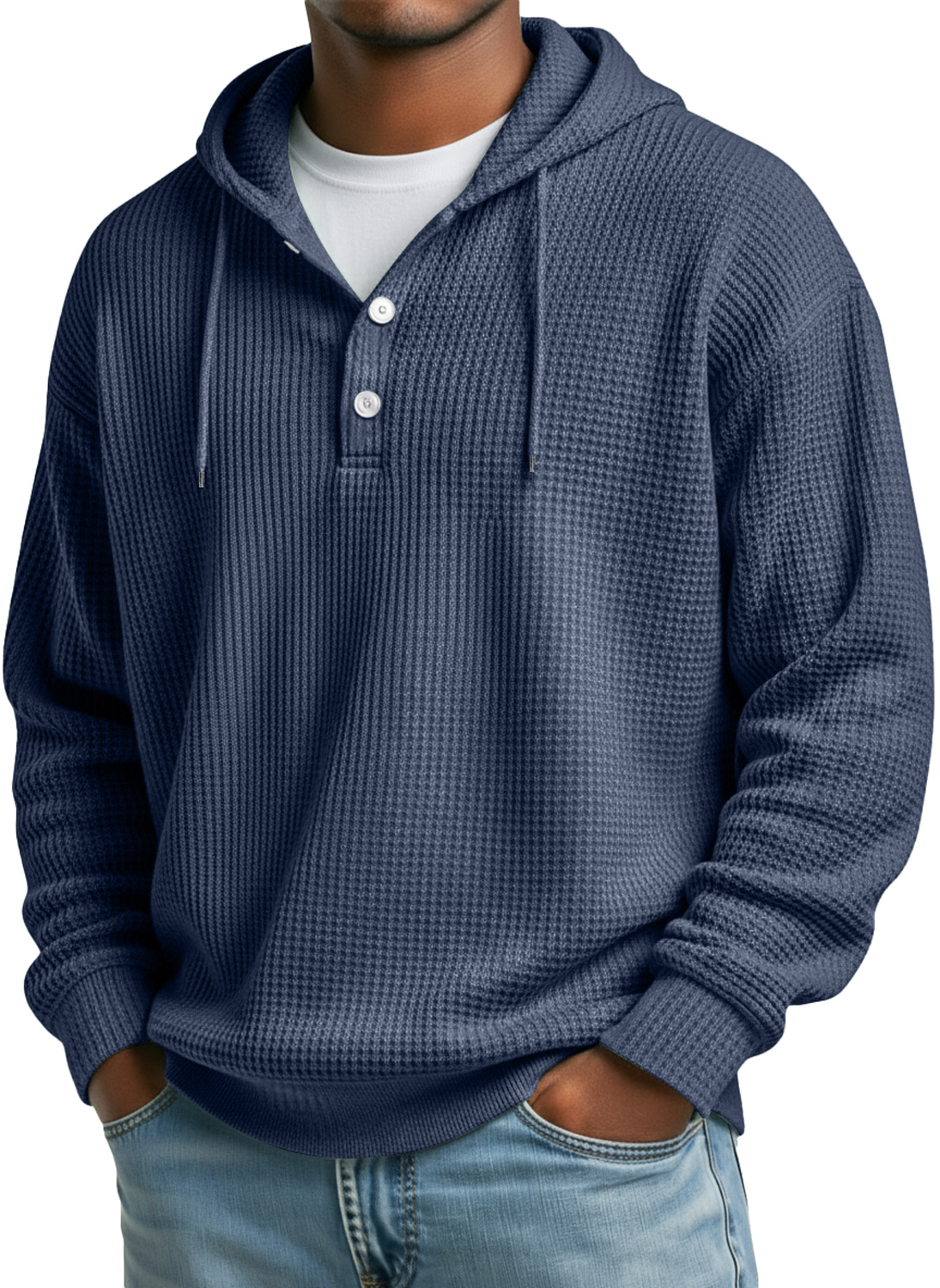 Men's Waffle Casual Hooded Button Loose Sweatshirt