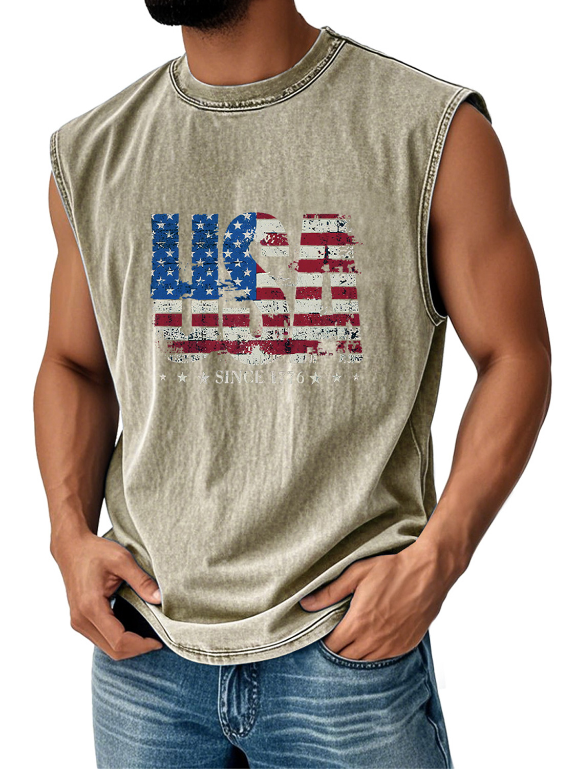 Men's Retro Everyday Independence Day USA Flag Printed Casual Round Neck Sleeveless Vest