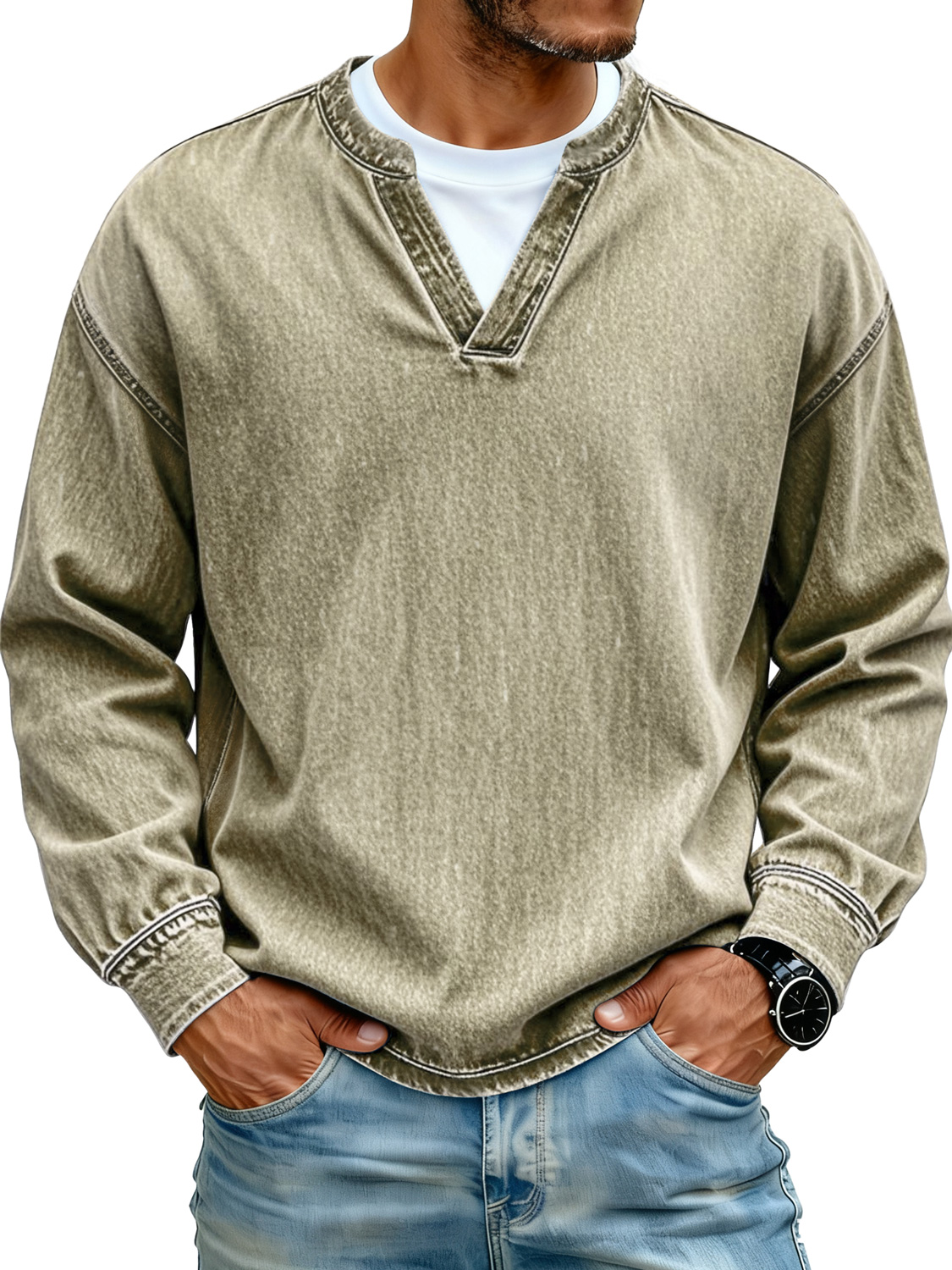 Retro Minimalist Faux Two-piece Design Casual Long-sleeved T-shirt