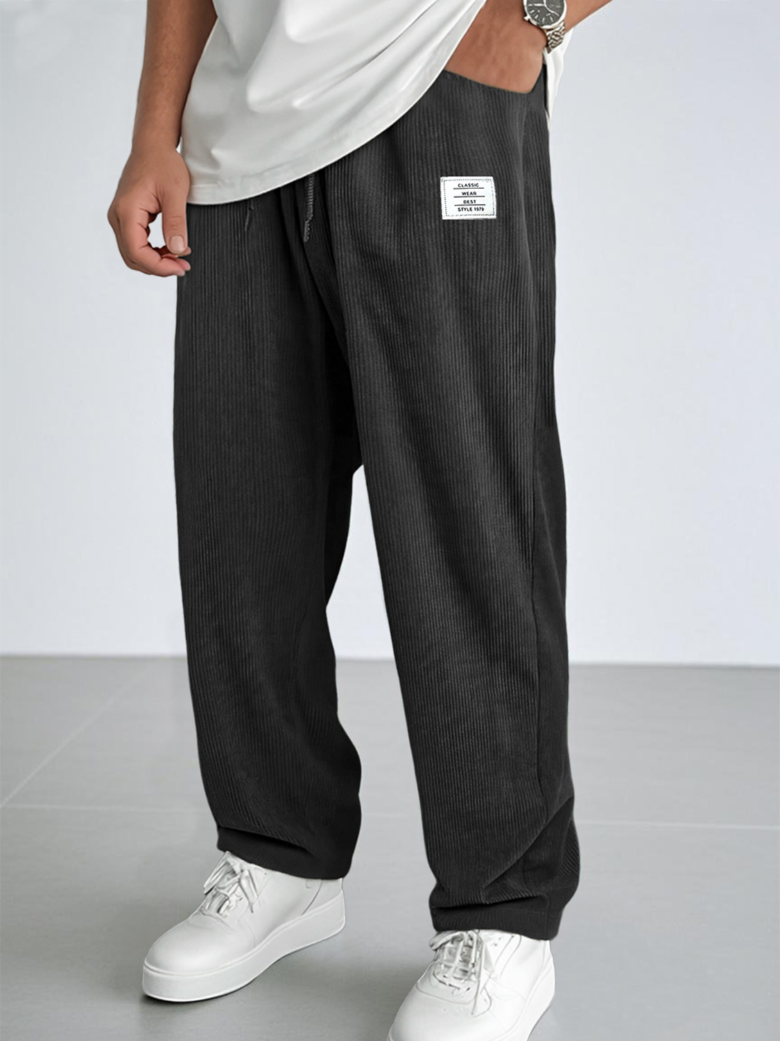 Men's Everyday Corduroy Embroidered Logo Casual Elastic Waist Comfort Trousers