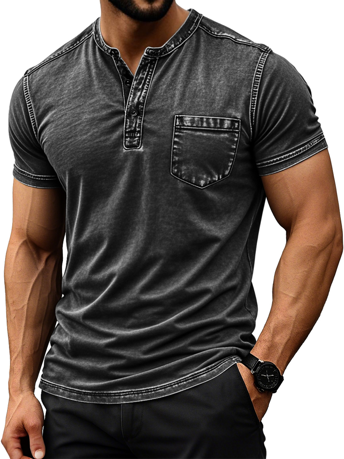 Men's Retro Everyday Casual Pocket Comfort Short Sleeve Henley Shirt