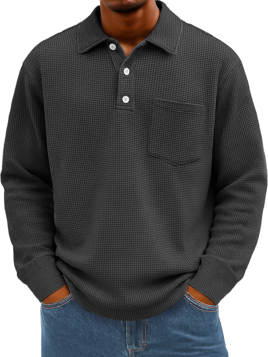 Men's Everyday Waffle Lapel Button Casual Pocket Long Sleeve Polo Shirt