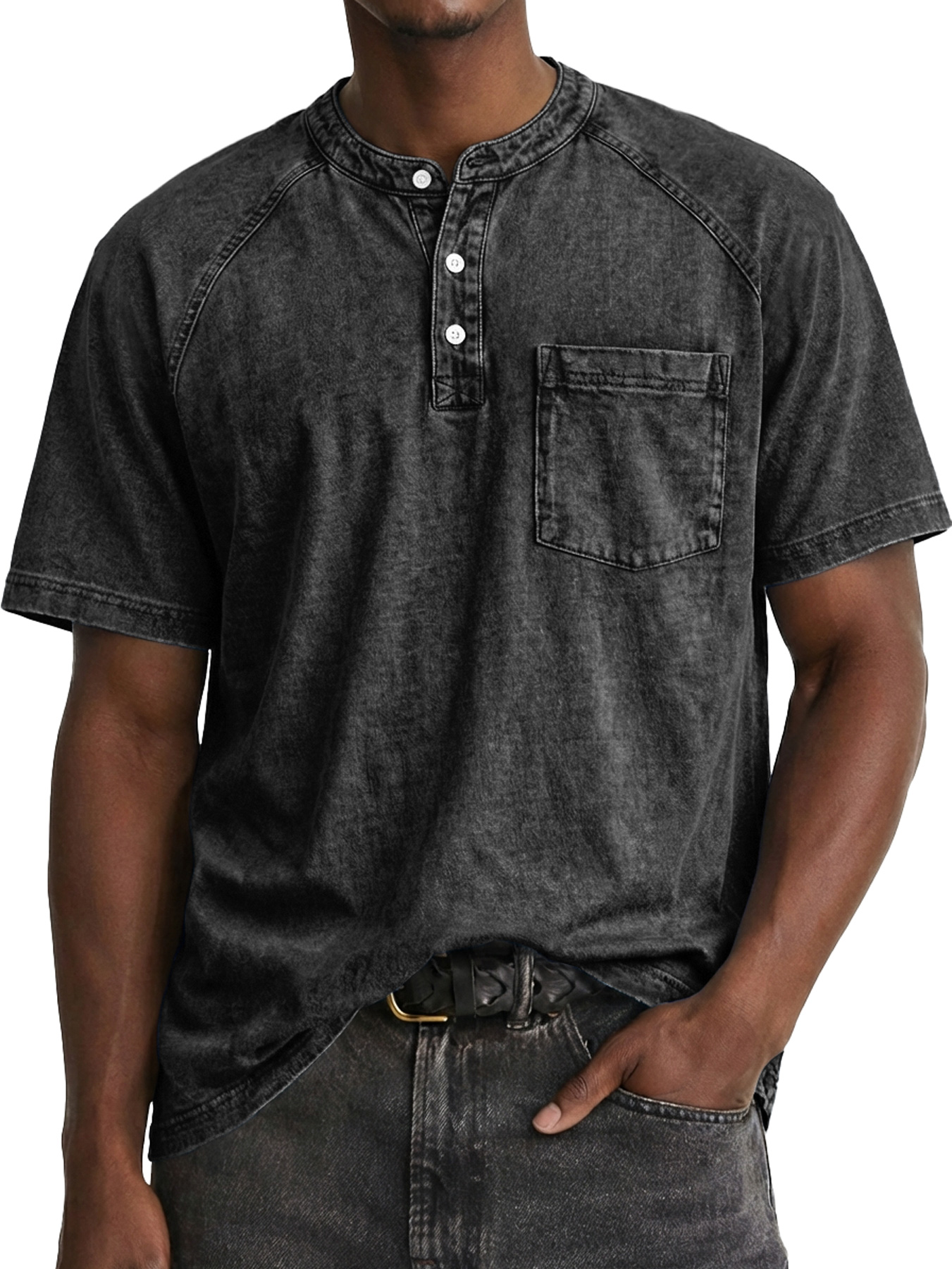 Men's Retro Raglan Pocket Casual Short-Sleeve Henley Shirt