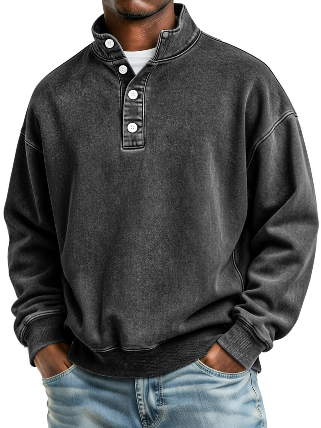 Men's Retro Stand Collar Button Casual Loose Sweatshirt