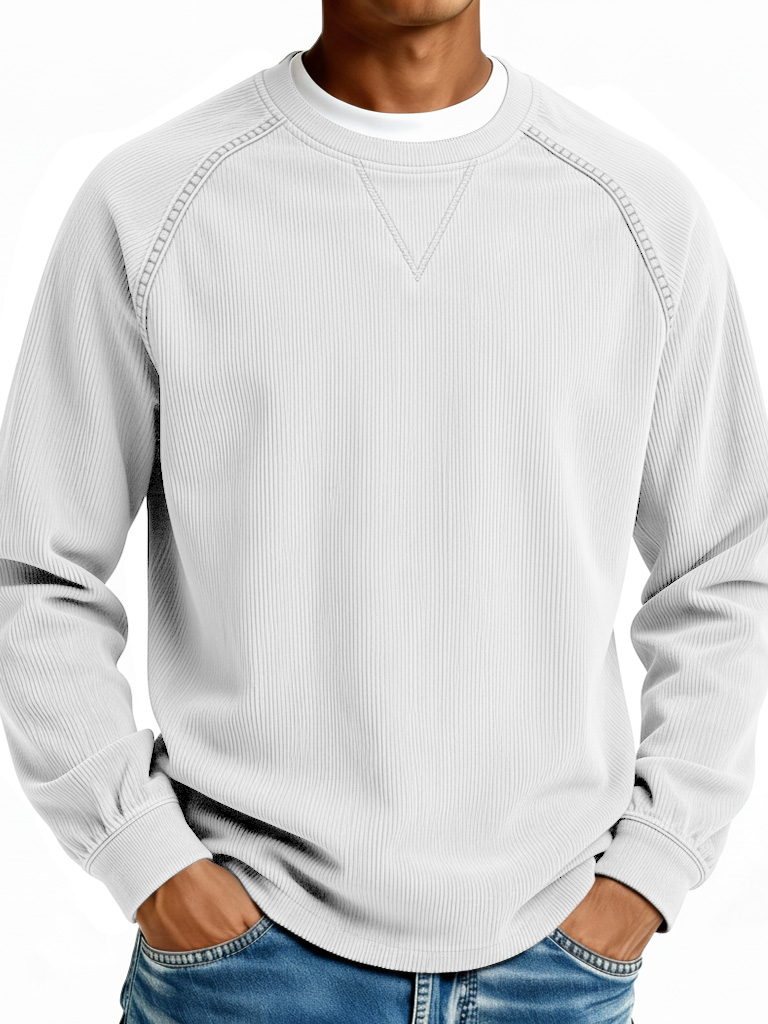 Men's Fashionable Casual Retro Ribbed Fabric Long-Sleeve Crew Neck Top