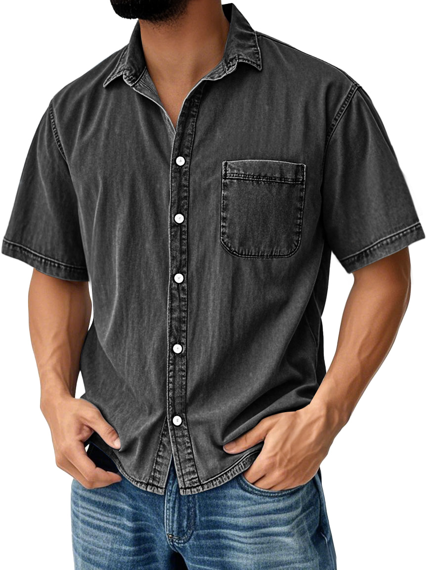 Men's Retro Casual Lapel Pocket Solid Color Short Sleeve Shirt