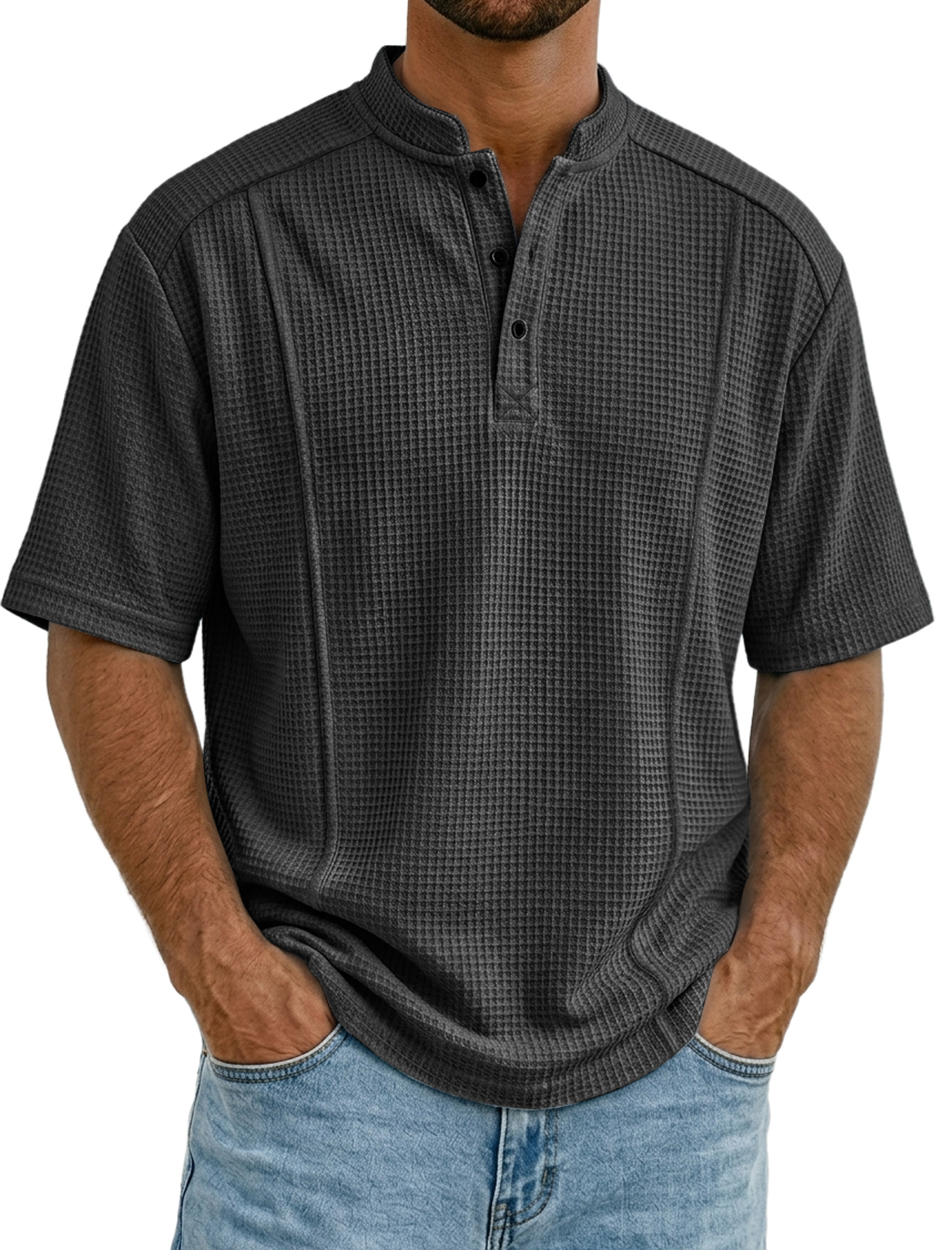 Men's Waffle Collar Button Deconstructed Casual Short-Sleeve Henley Shirt