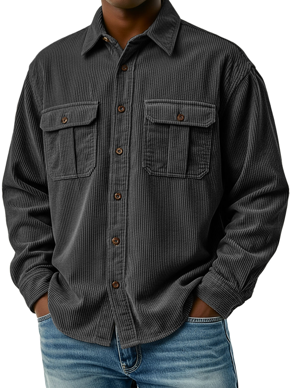 Men's Retro Corduroy Double Pocket Casual Long-Sleeve Work Shirt