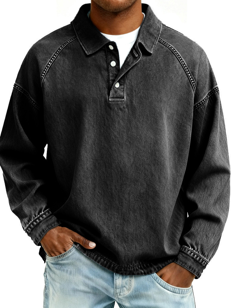 Men's Retro Fashion Distressed Raglan Sleeve Lapel Long-Sleeve Polo Shirt