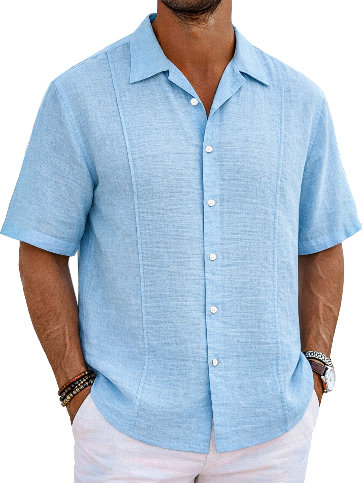 Men's resort casual cotton and linen deconstructed design Cuban collar short-sleeved shirt