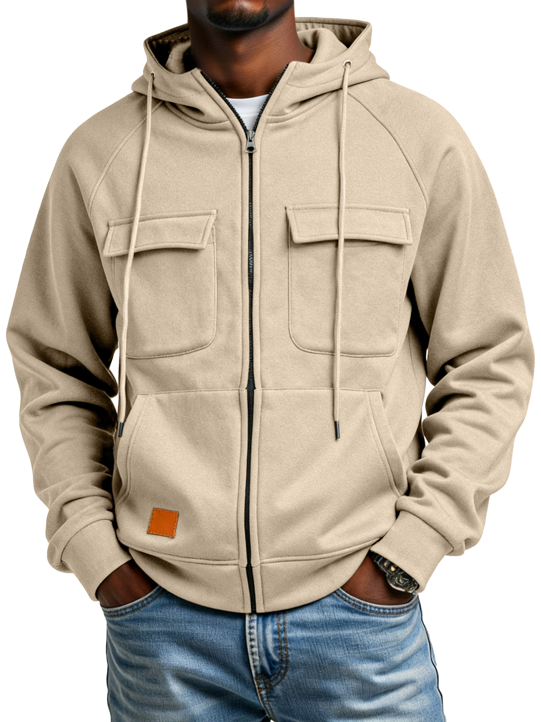 Men's Casual Solid Color Multi-pocket Hooded Cardigan Zipper Jacket