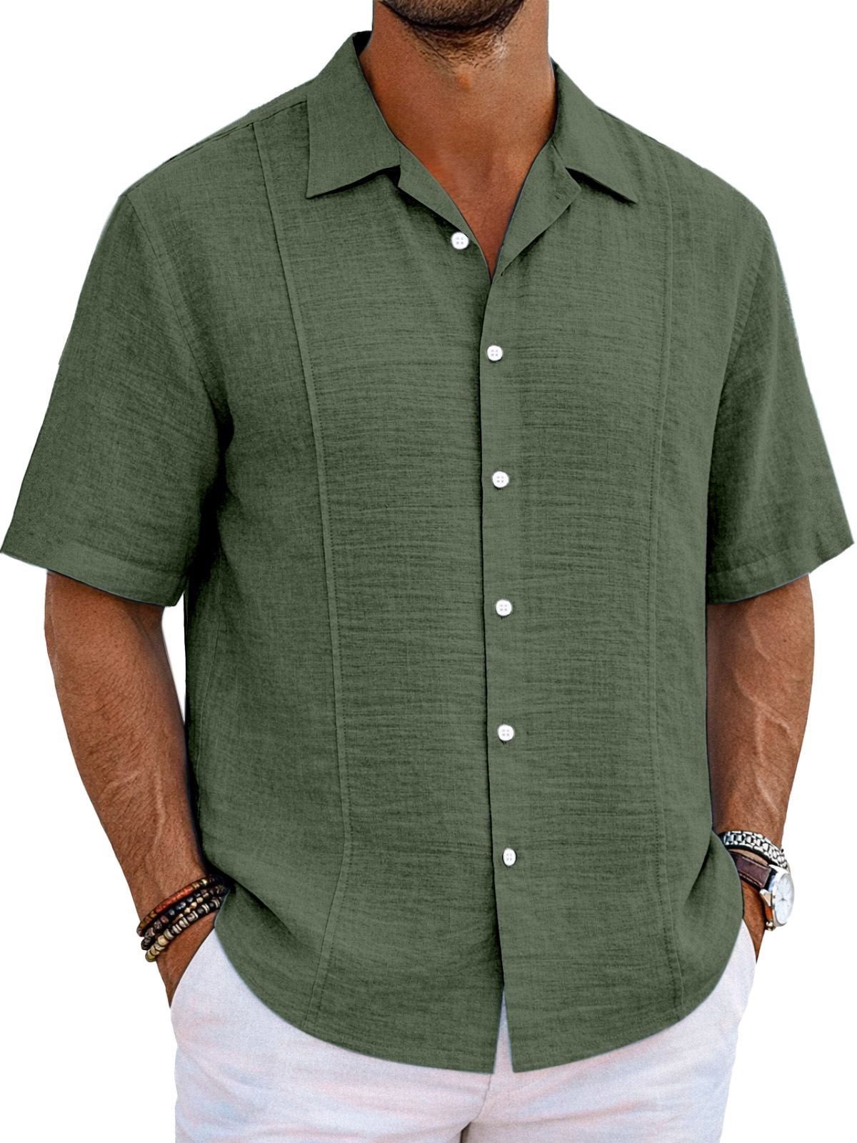 Men's resort casual cotton and linen deconstructed design Cuban collar short-sleeved shirt