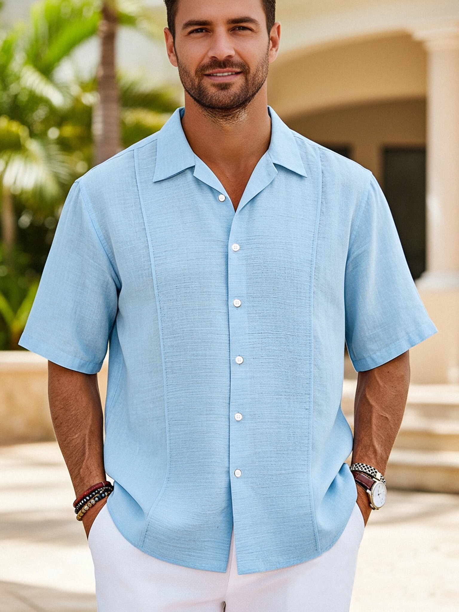 Men's resort casual cotton and linen deconstructed design Cuban collar short-sleeved shirt