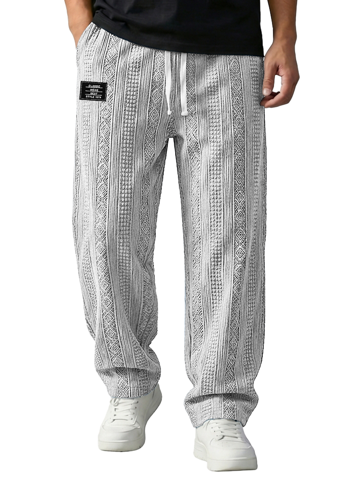 Men's Jacquard Textured Embroidered Logo Casual Loose-fitting Trousers With Elastic Waistband