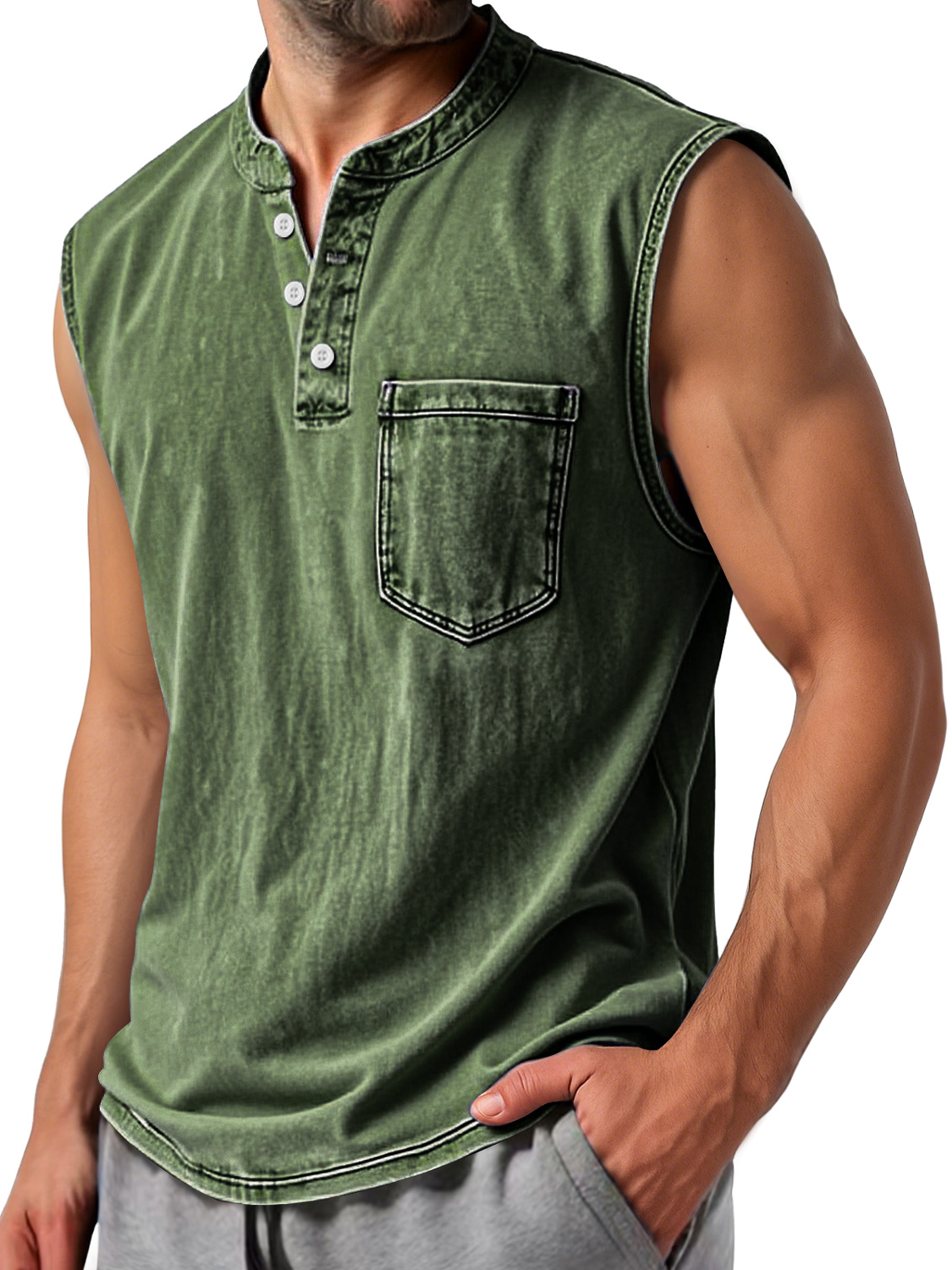 Men's Vintage Stand Collar Button Casual Comfort Sleeveless Henley Shirt