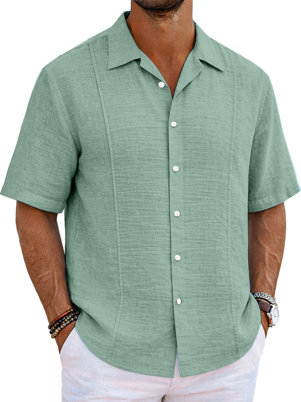 Men's resort casual cotton and linen deconstructed design Cuban collar short-sleeved shirt