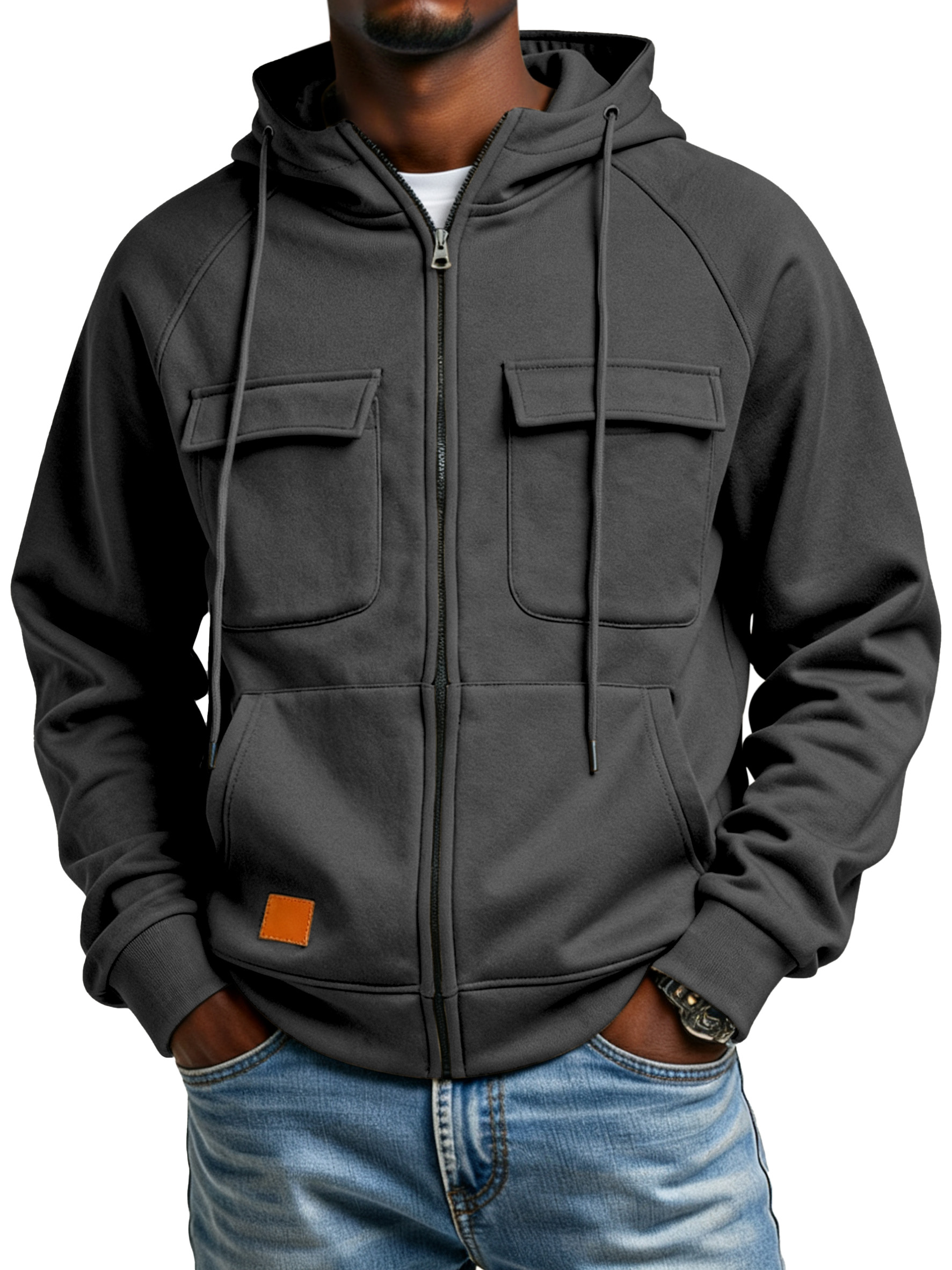 Men's Casual Solid Color Multi-pocket Hooded Cardigan Zipper Jacket