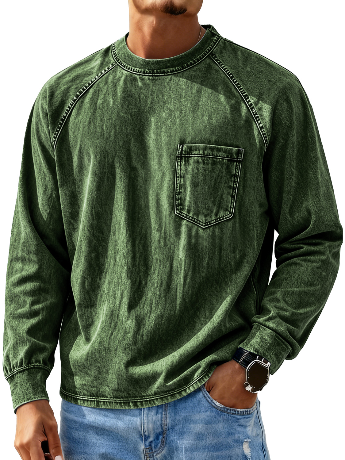 Men's Retro Crew Neck Raglan Casual Pocket Long Sleeve T-Shirt