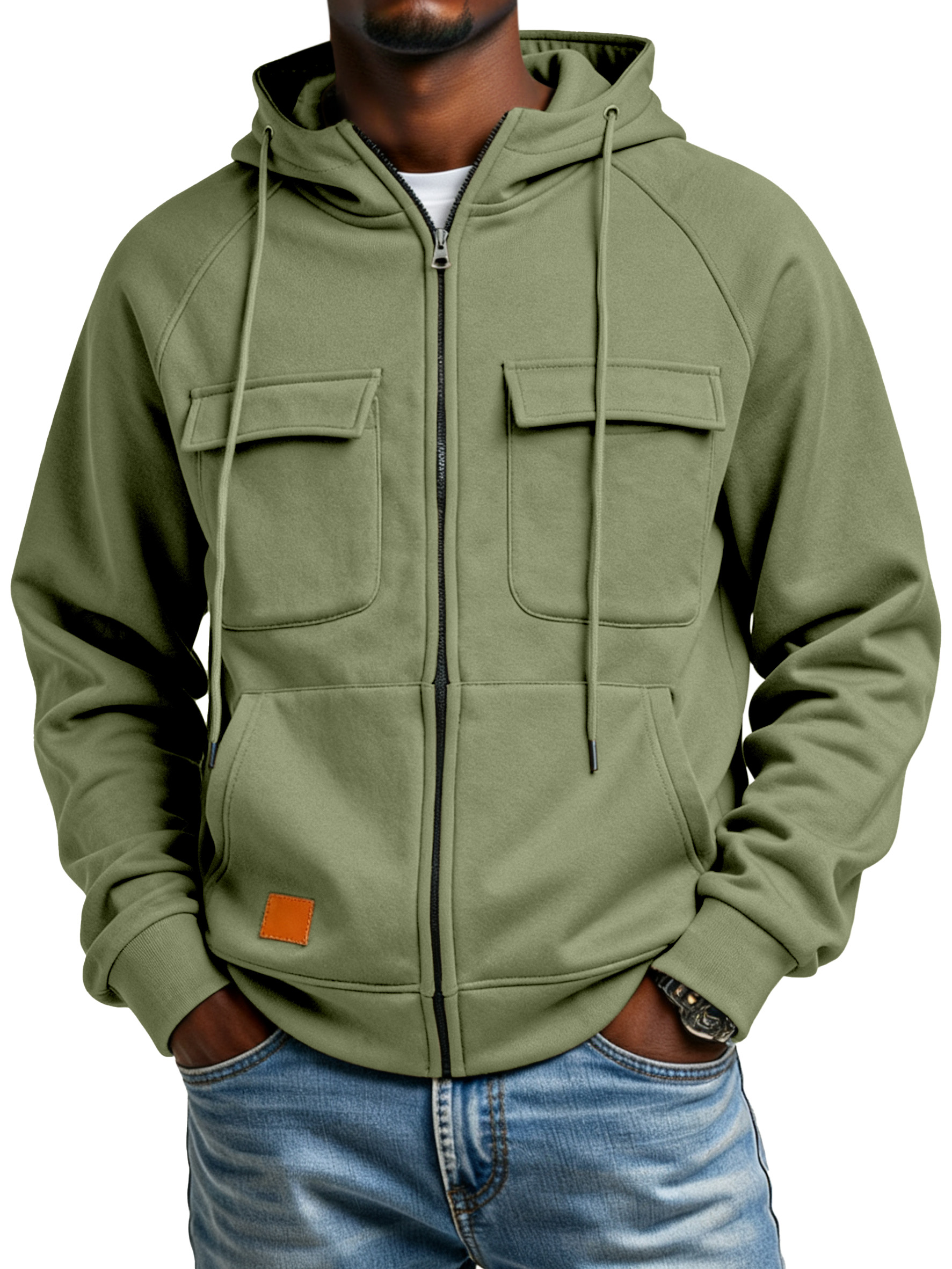 Men's Casual Solid Color Multi-pocket Hooded Cardigan Zipper Jacket