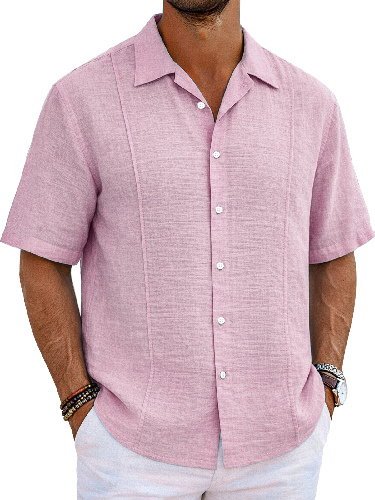 Men's resort casual cotton and linen deconstructed design Cuban collar short-sleeved shirt