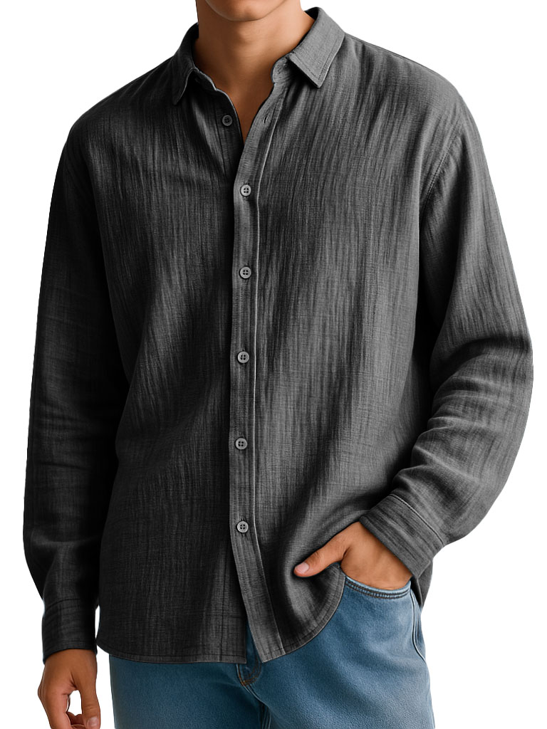 Men's Clothing Fashionable Casual Imitation Linen Fabric Long-sleeved Lapel Shirt