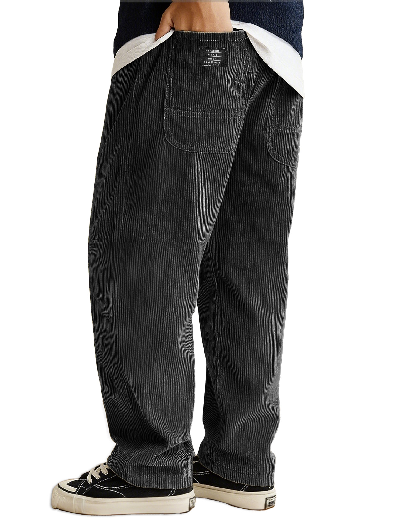 Men's Stylish Everyday Corduroy Ribbed Fabric Pants With Loose-fitting Drawstring Waist And Embroidered Logo