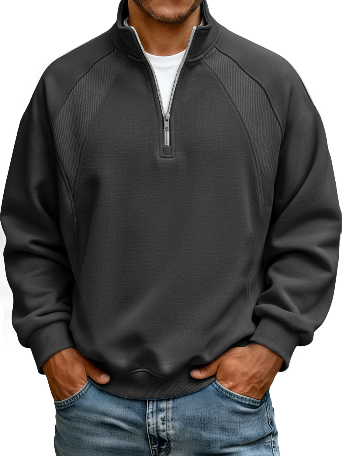 Men's Stand-up Collar Zippered Raglan Stitching Casual Sweatshirt