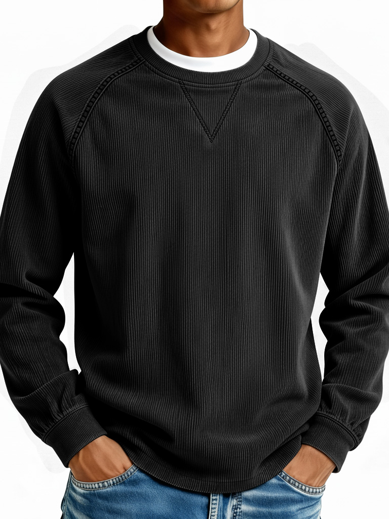 Men's Fashionable Casual Retro Ribbed Fabric Long-Sleeve Crew Neck Top