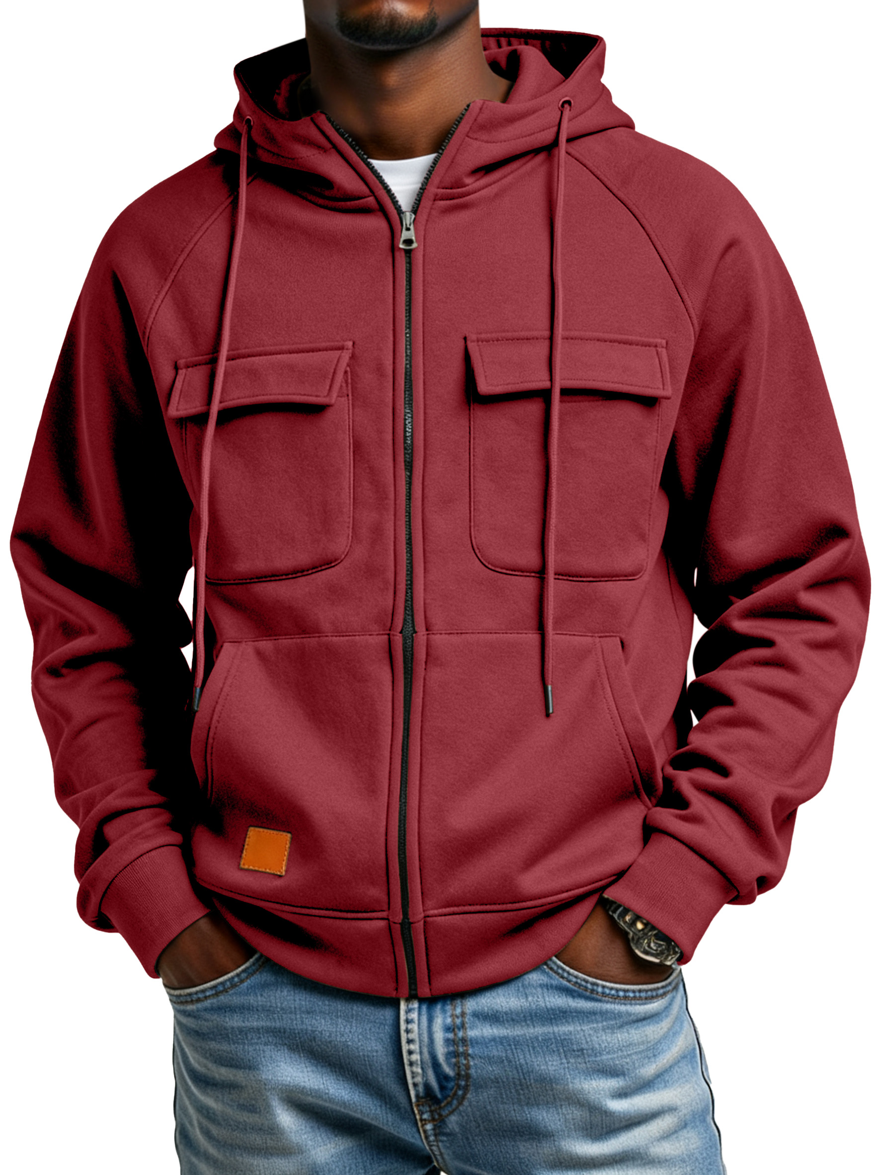 Men's Casual Solid Color Multi-pocket Hooded Cardigan Zipper Jacket