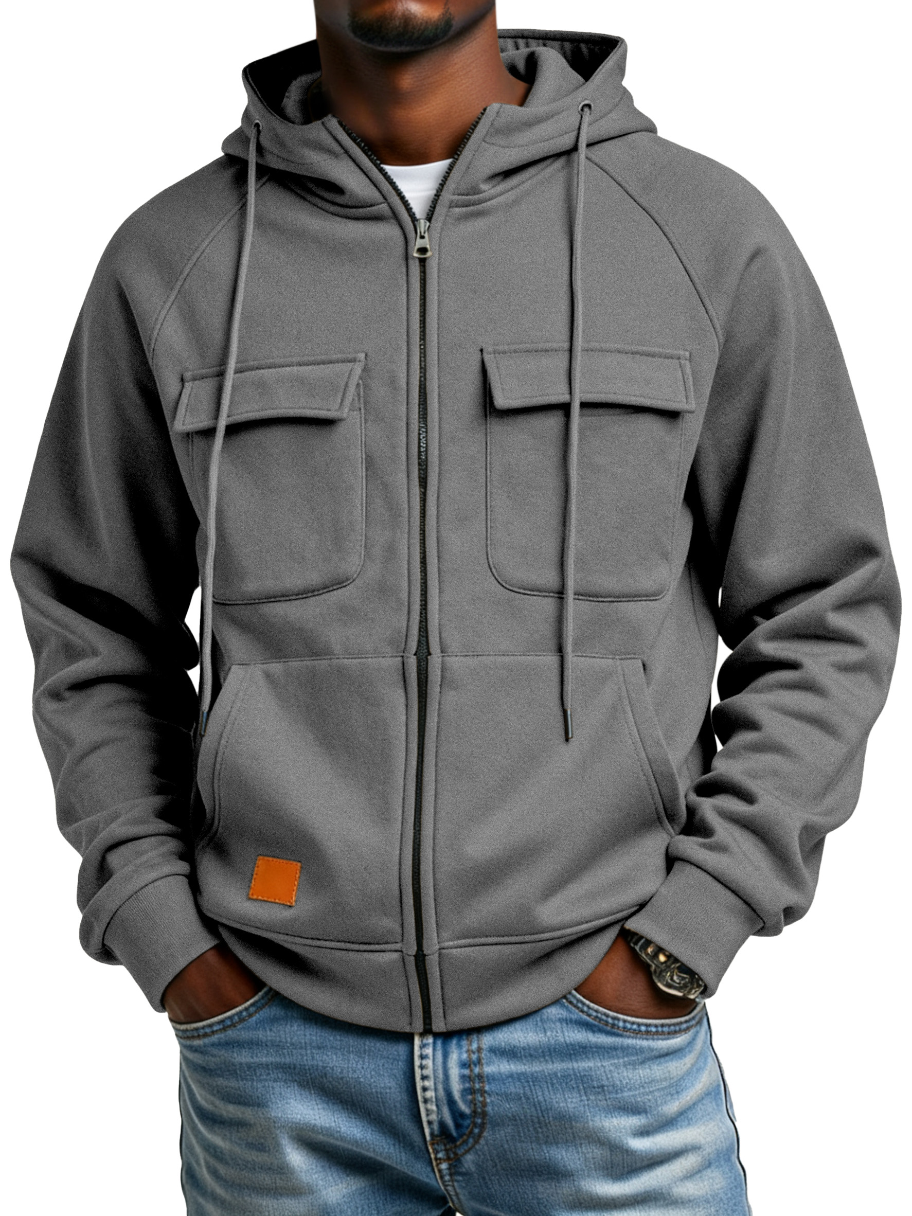 Men's Casual Solid Color Multi-pocket Hooded Cardigan Zipper Jacket