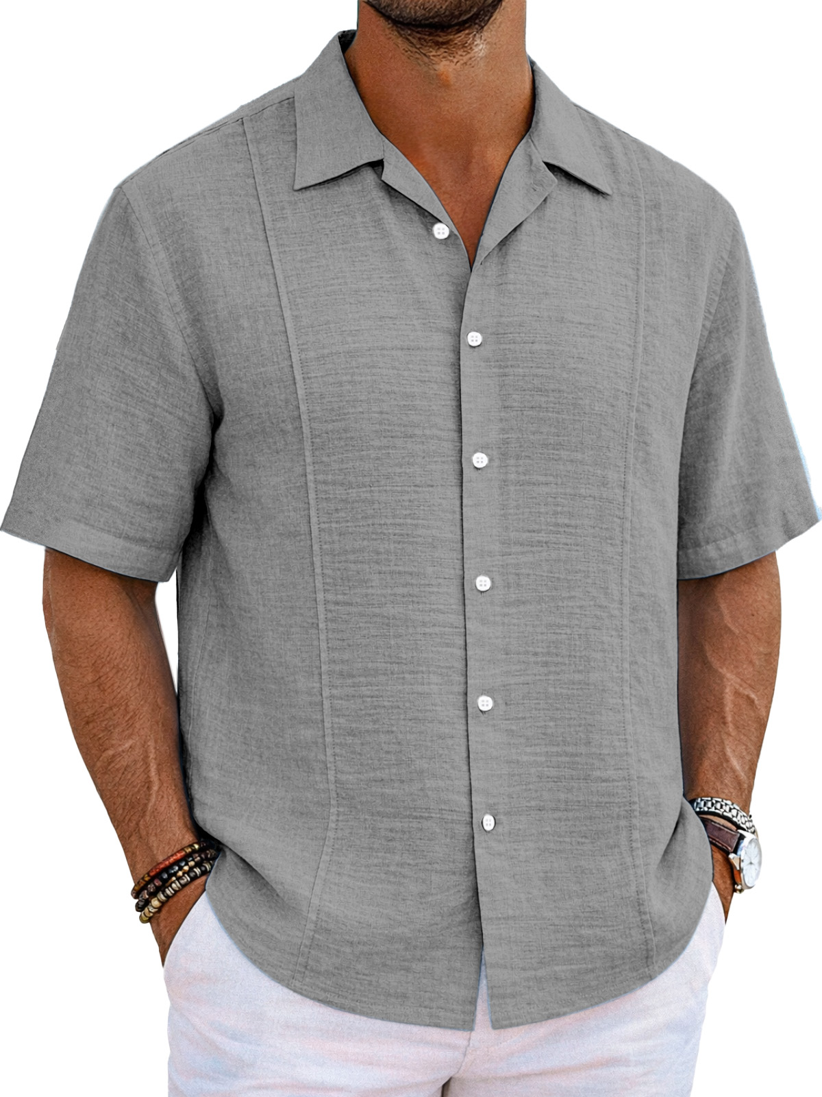 Men's resort casual cotton and linen deconstructed design Cuban collar short-sleeved shirt