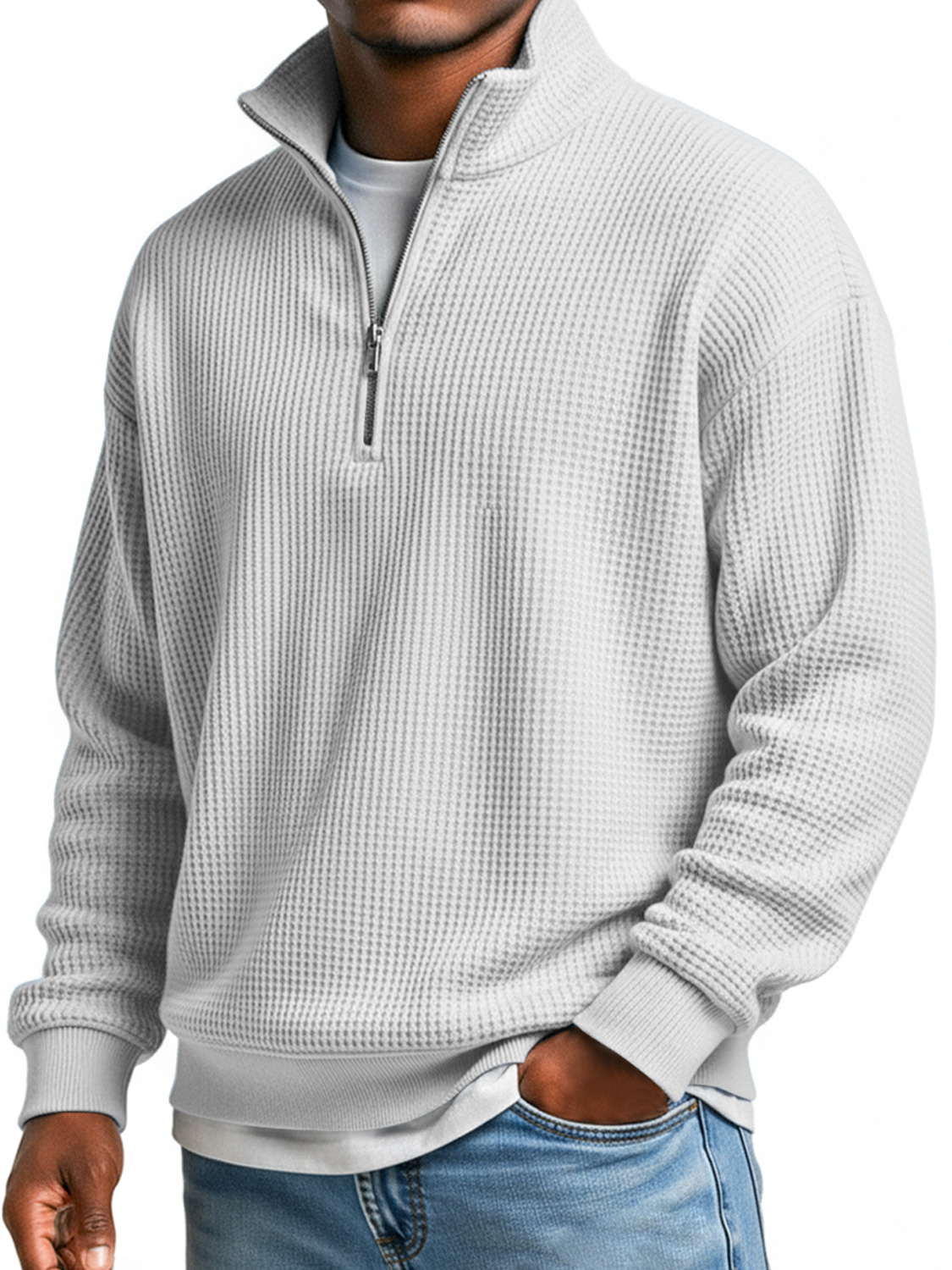 Men's Everyday Waffle Stand Collar Zipper Casual Long Sleeve T-shirt