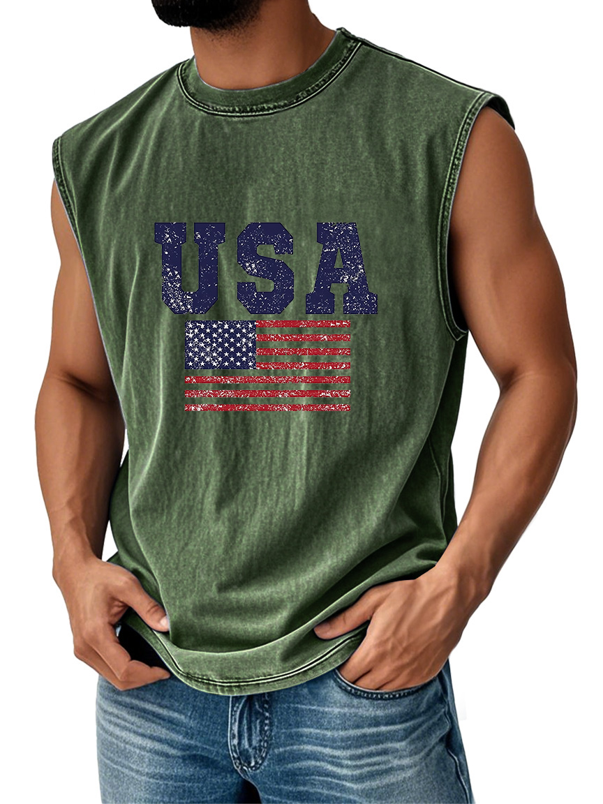 Men's Everyday Vintage American Independence Day Flag Printed Crew Neck Sleeveless Tank Top