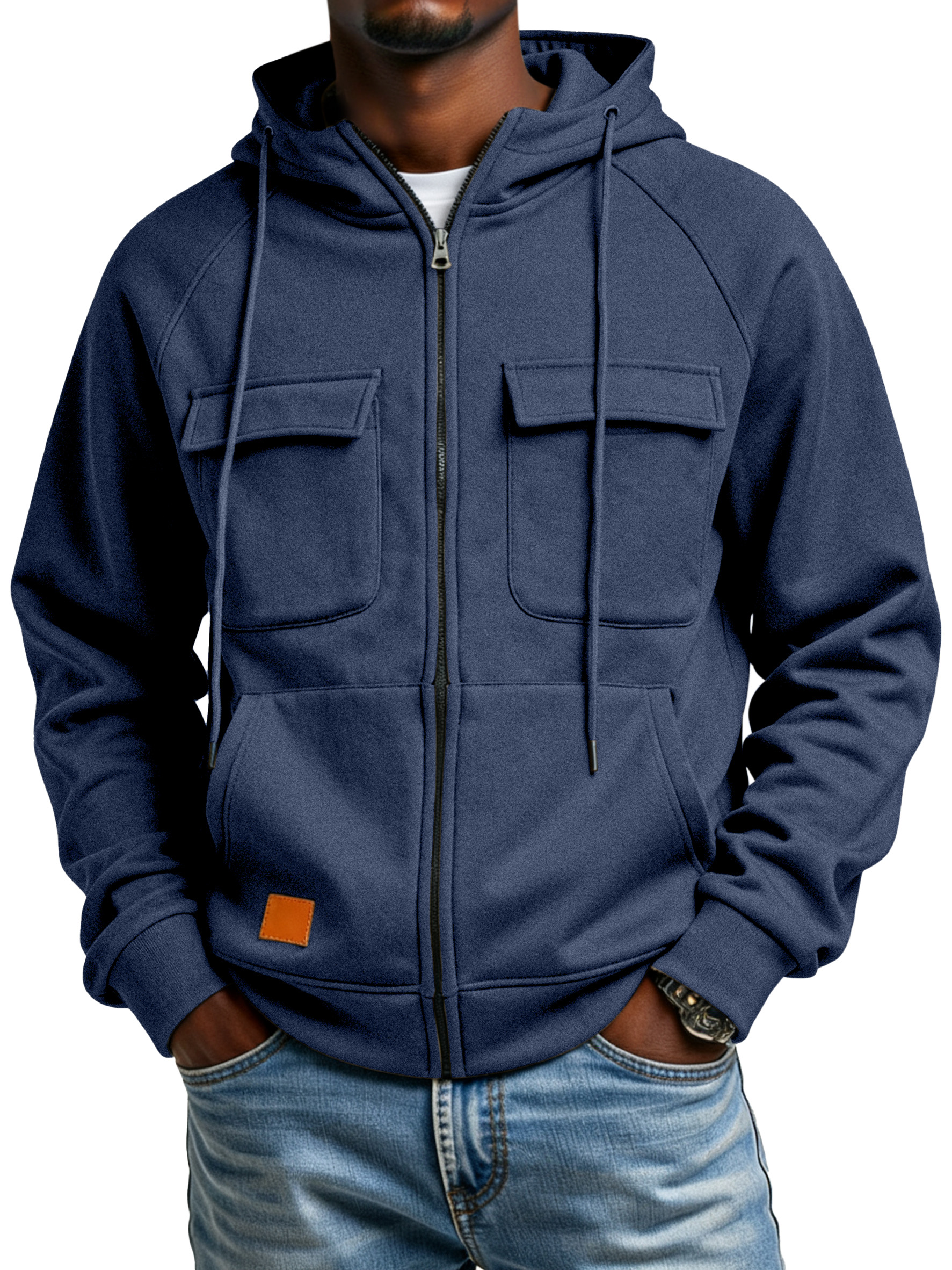 Men's Casual Solid Color Multi-pocket Hooded Cardigan Zipper Jacket