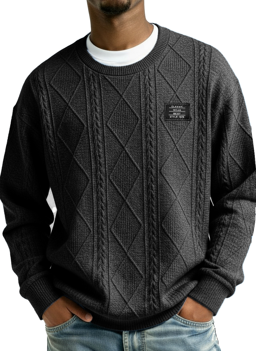 Men's Stylish Vintage Everyday Jacquard Fabric Embroidered Logo Long-sleeved Crew Neck Sweatshirt