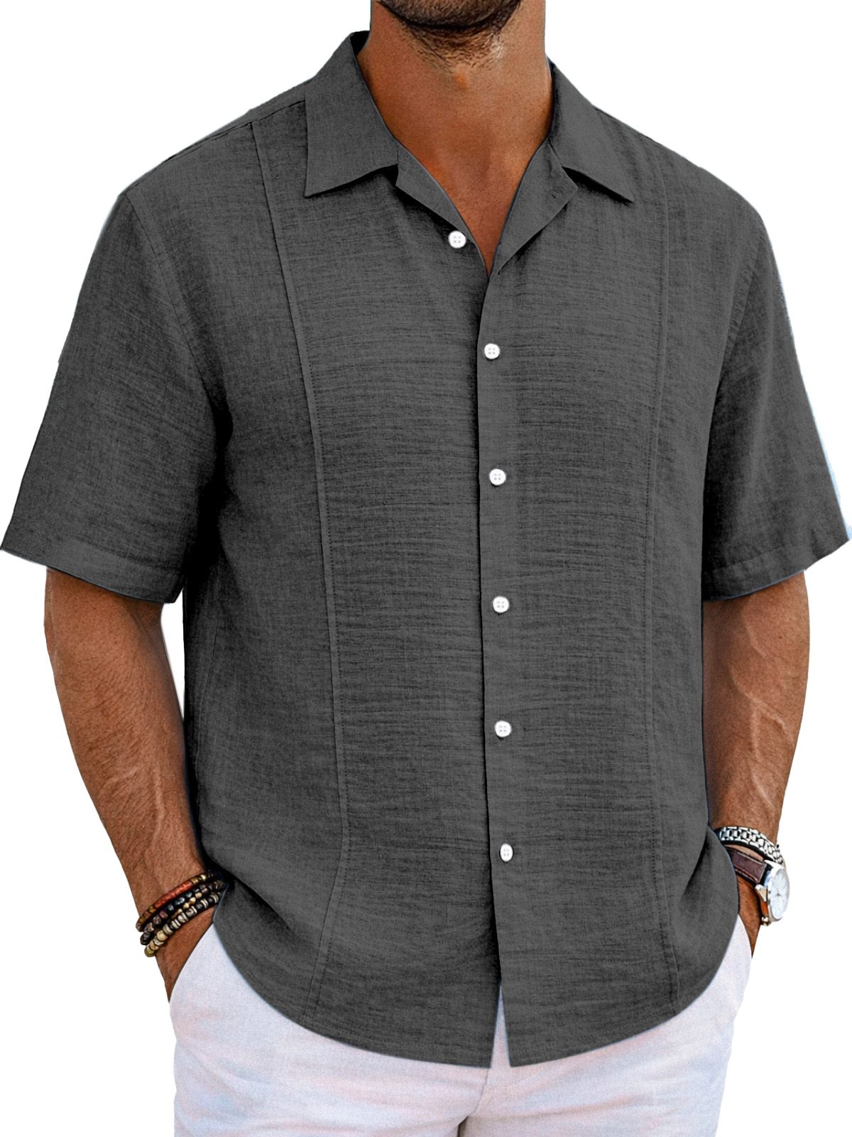 Men's resort casual cotton and linen deconstructed design Cuban collar short-sleeved shirt