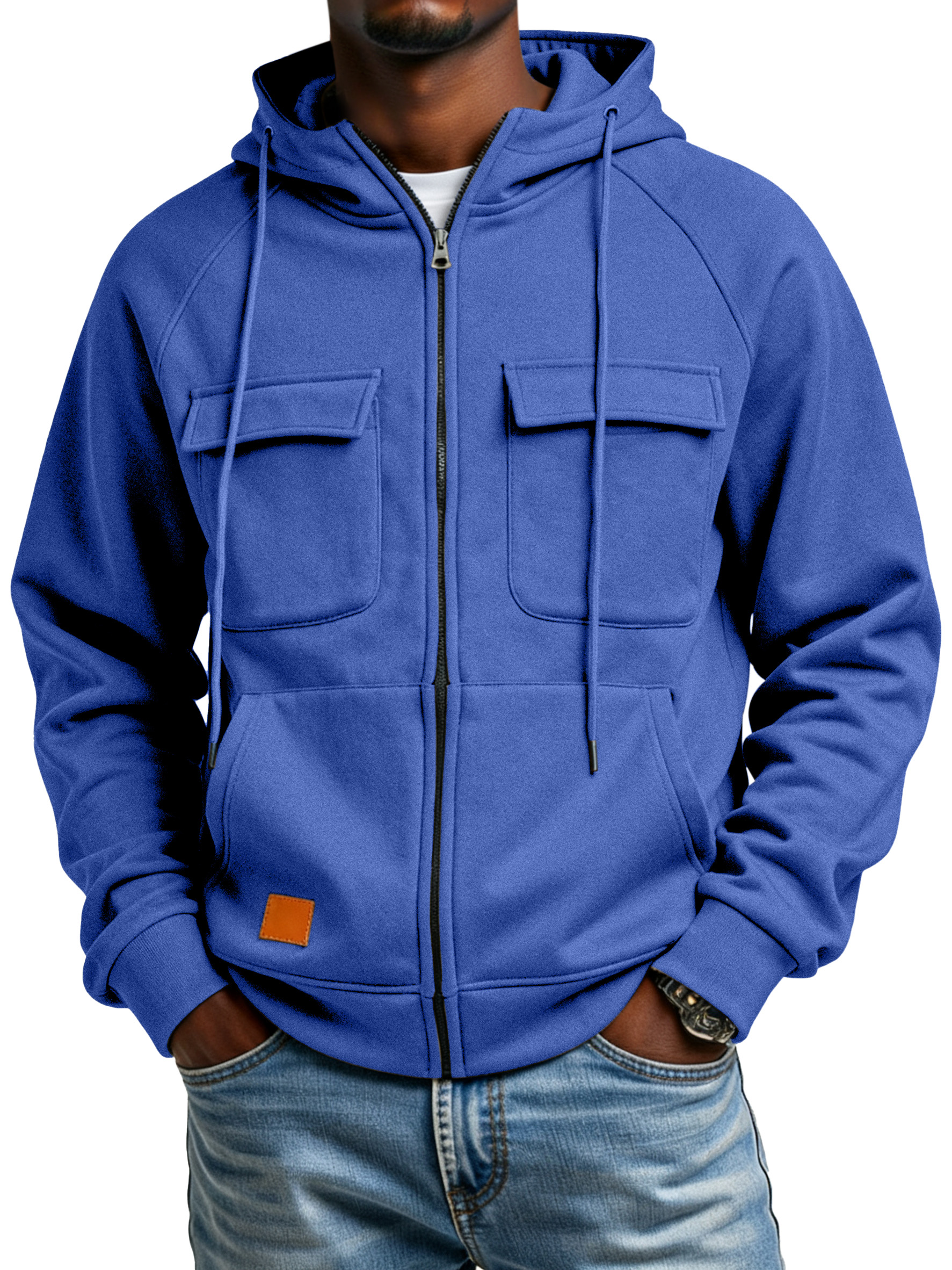 Men's Casual Solid Color Multi-pocket Hooded Cardigan Zipper Jacket