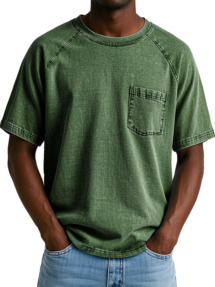 Men's Fashion Retro Raglan Pocket Casual Short Sleeve T-shirt